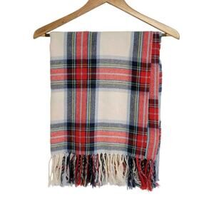 Johnnie B Cream Red Blue Plaid 72"x27" Oversized Blanket Scarf